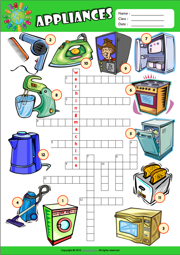 Appliances ESL Vocabulary Crossword Puzzle Worksheet For Kids Hoc360 net