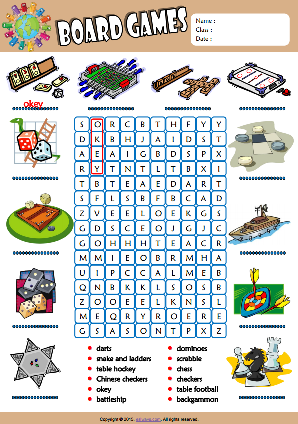 Board Games ESL Vocabulary Word Search