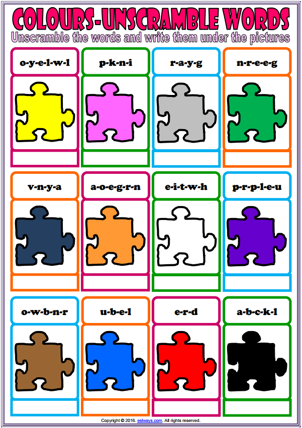 Colors ESL Vocabulary Unscramble The Words Worksheet For Kids | Hoc360.net