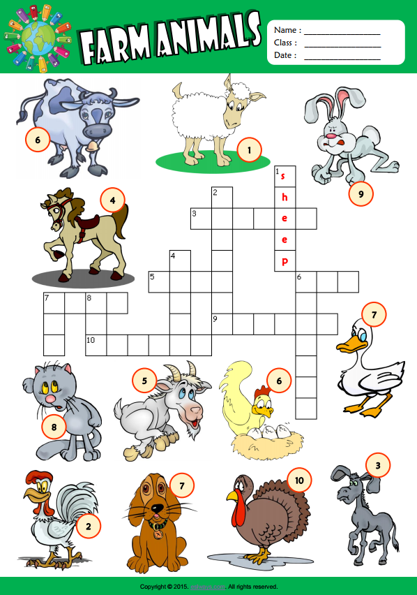 Farm Animals ESL Vocabulary Crossword Puzzle Worksheet For Kids 