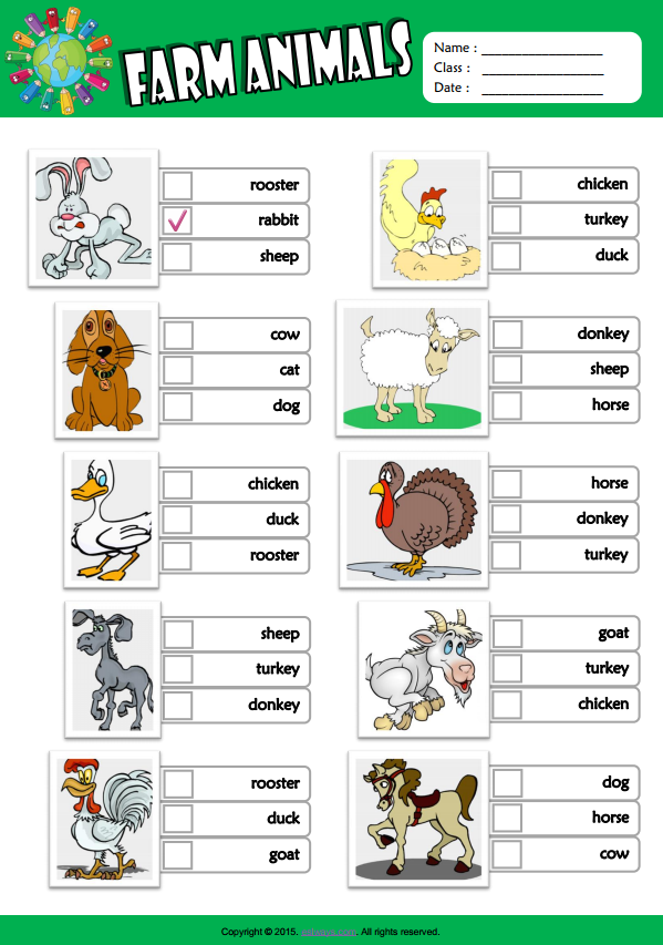 Farm Animals ESL Vocabulary Multiple Choice Worksheet For Kids 