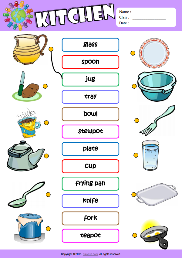 Kitchen ESL Vocabulary Matching Exercise
