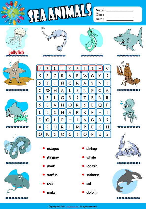 Sea Animals ESL Vocabulary Word Search Worksheet For Kids 