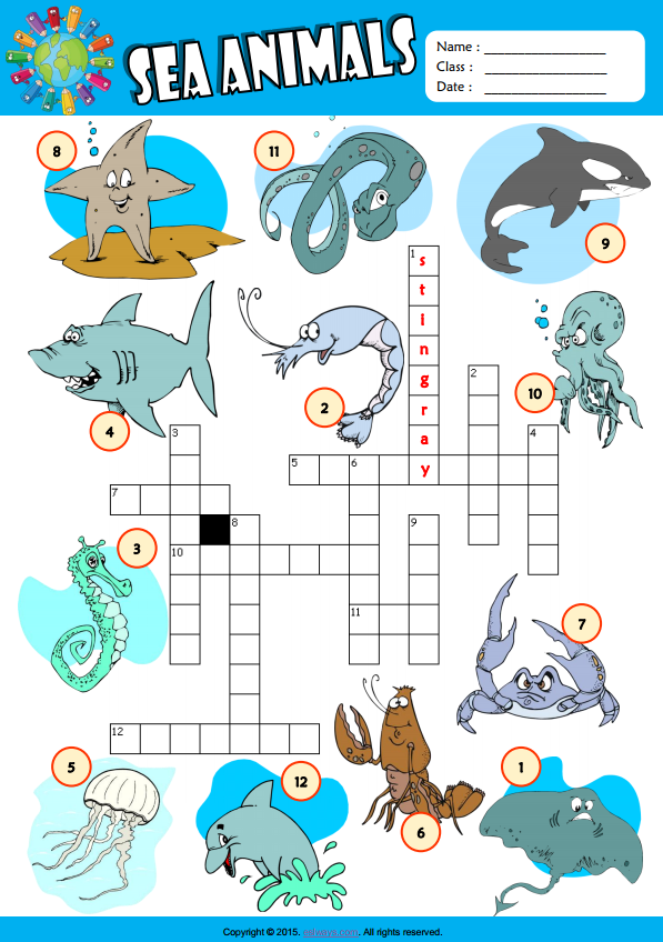 Sea Animals ESL Vocabulary Crossword Puzzle Worksheet For Kids 