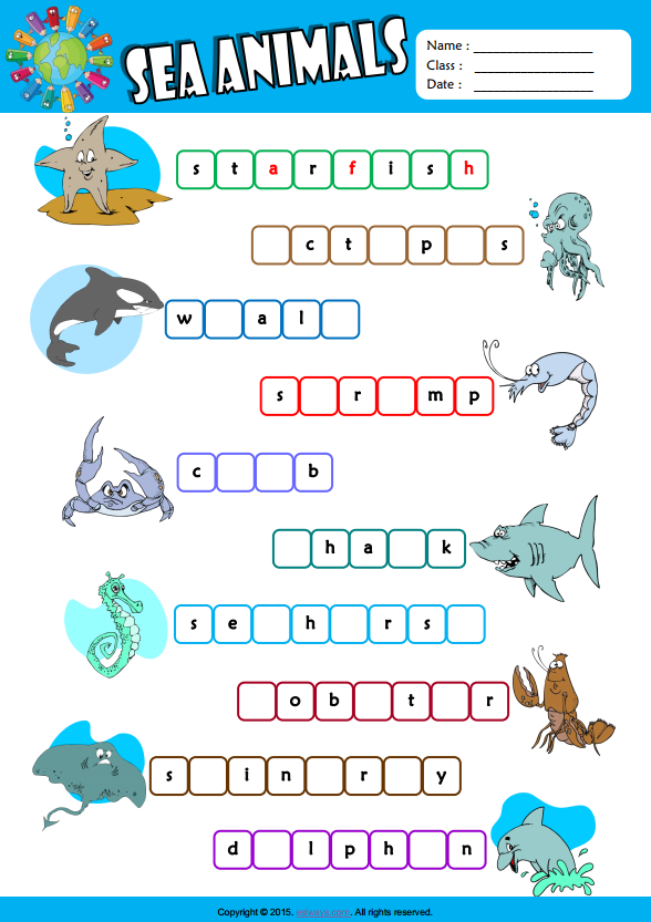 Sea Animals ESL Vocabulary Missing Letters In Words Worksheet For Kids |  