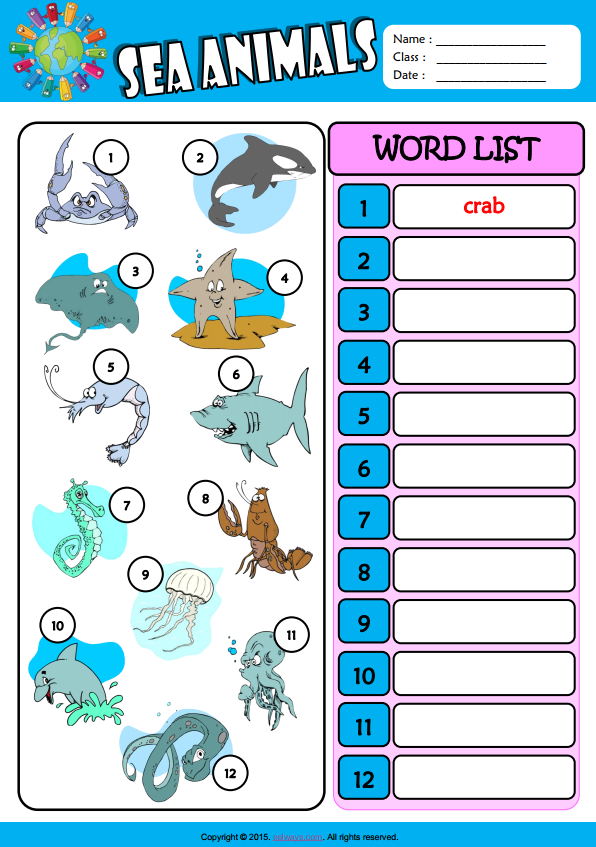 Sea Animals ESL Vocabulary Write The Words Worksheet For Kids 