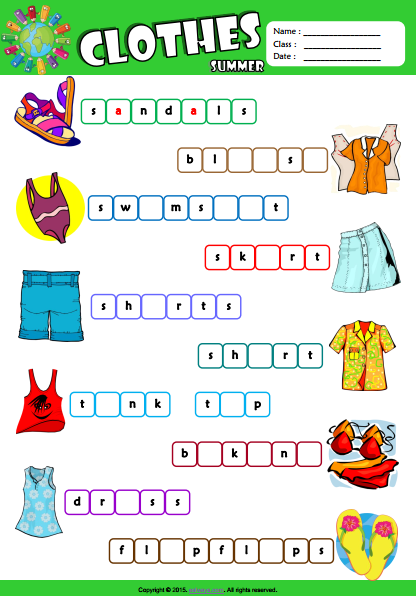 Summer Clothes Esl Vocabulary Matching Exercise Worksheet For Kids