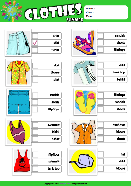 Summer Clothes ESL Vocabulary Multiple Choice
