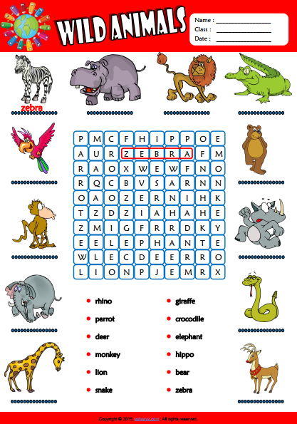 Wild Animals ESL Vocabulary Word Search Worksheet For Kids 