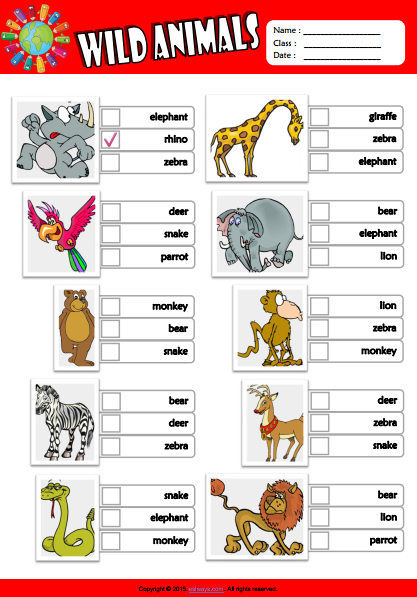Wild Animals ESL Vocabulary Multiple Choice Worksheet For Kids 